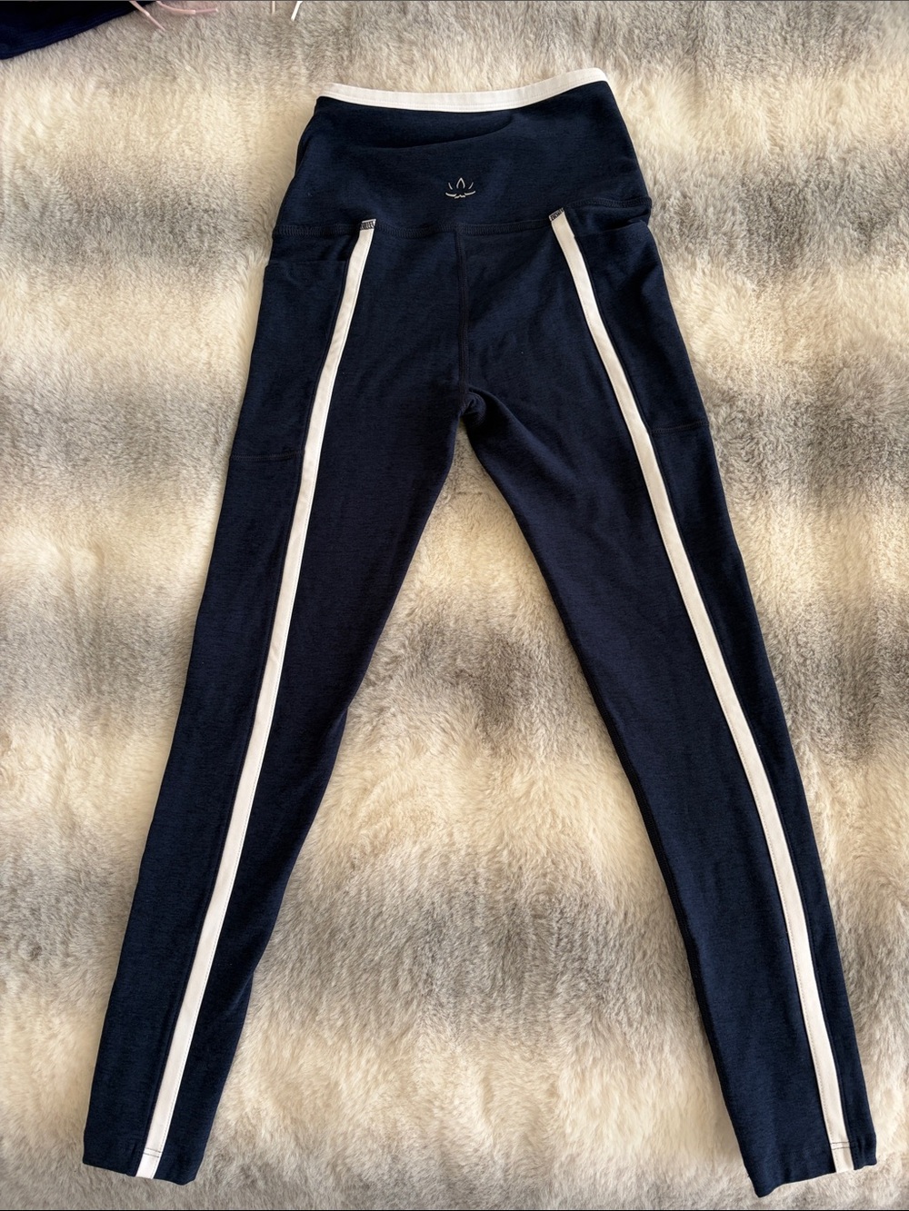 Beyond Yoga Navy Leggings with White Side Stripes